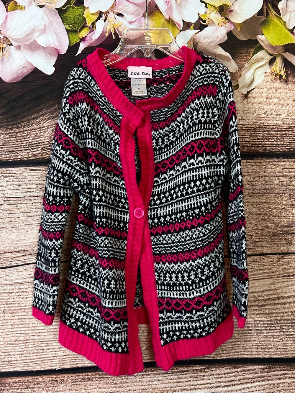 Little Lass Toddler Girls Pink Black Fair Isle Knit One Button Cardigan Sweater
